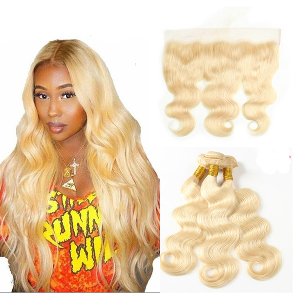 613 Blonde Body Wave Remy Human Hair Bundles With Closure Honey Blonde Grade Virgin Human Hair With Ear To Ear Swiss Lace Closure