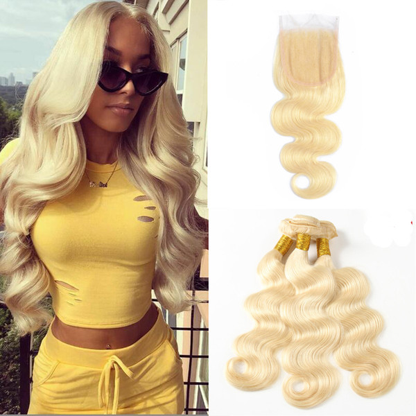 613 Blonde Human Hair Bundles With Closure Body Wave Grade Cuticle Aligned Honey Blonde Remy Human Hair 3 Bundles With Top Lace Closure