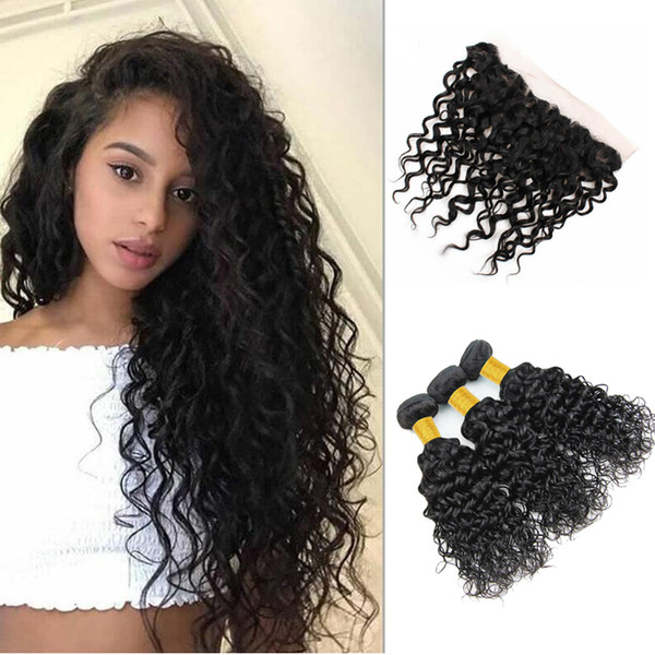 Grade Virgin Hair Bundles With Closure Water Wave Cuticle Aligned Double Weft Remy Human Hair 3 Bundles With 13x4 Swiss Lace Closure