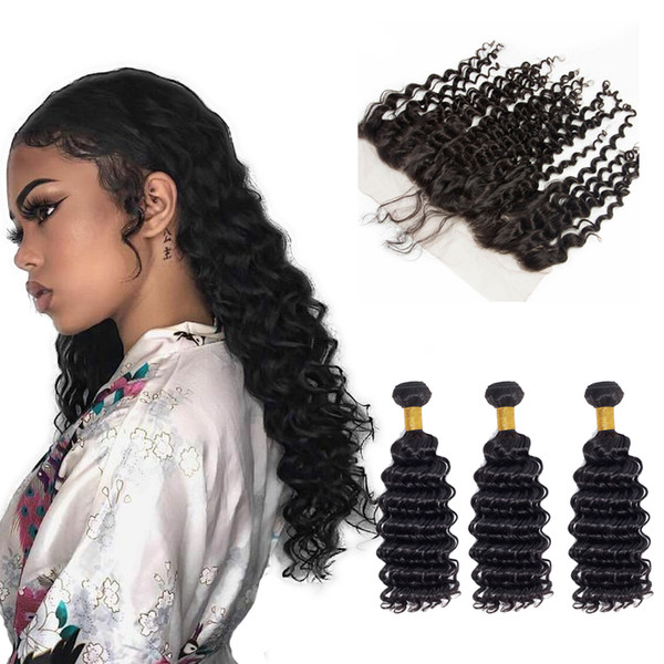 Deep Wave Virgin Human Hair Bundles With Closure Natural Color Double Weft Brazilian Deep Wave Remy Human Hair Bundles With 13x4 Closure