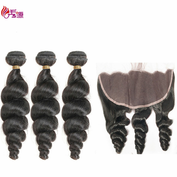 Remy Human Hair Bundles With Frontal Double Weft Loose Wave Virgin Remy Human Hair Bundles With 13x4 Lace Closure