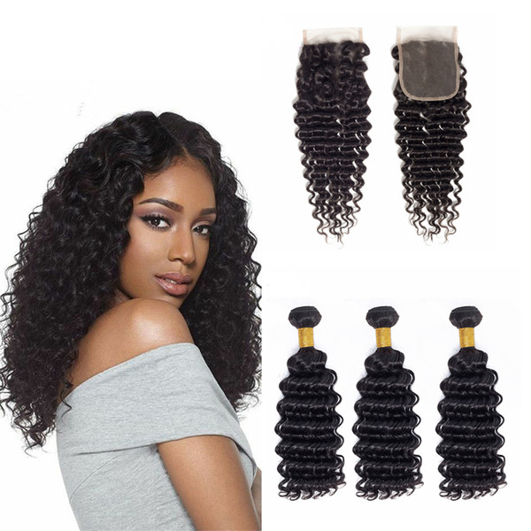 Virgin Hair Bundles With Closure Natural Color Double Weft Deep Wave Virgin Remy Human Hair Bundles With 4x4 Top Lace Closure