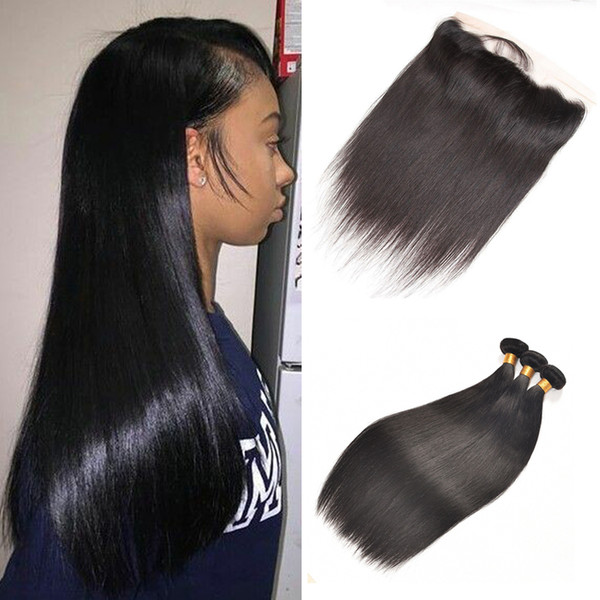 Straight Human Hair Bundles With Lace Closure Double Weft Natural Color Virgin Remy Human Hair Bundles With 13x4 Closure