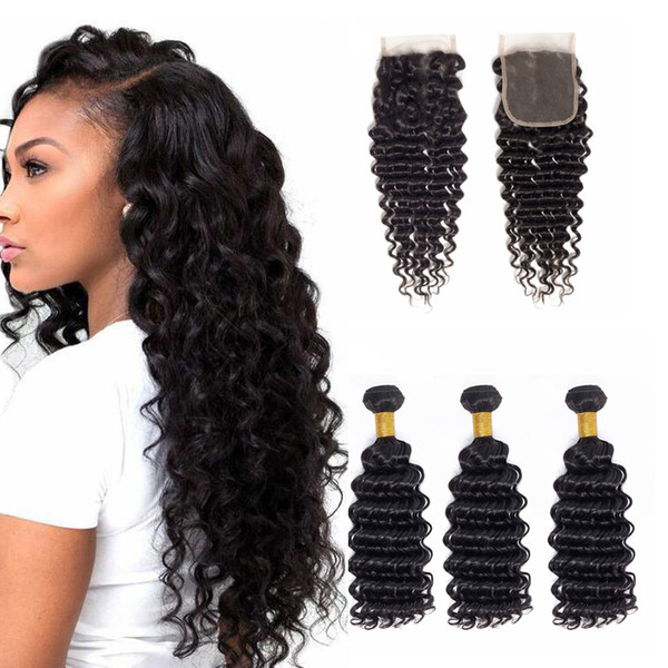 Brazilian Deep Wave Virgin Human Hair Bundles With Closure Natural Color Brazilian Remy Human Hair Bundles With 4x4 Lace Frontal