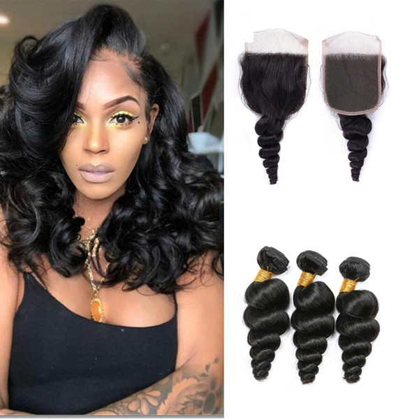 Raw Indian Virgin Hair Bundles With Closure Grade Virgin Hair Cuticle Aligned Loose Wave Remy Human Hair Bundles With Lace Closure