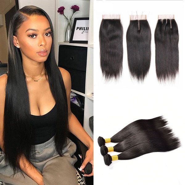 Virgin Remy Human Hair Bundles With Closure Straight Brazilian Virgin Hair Bundles With Closure Grade Virgin Hair