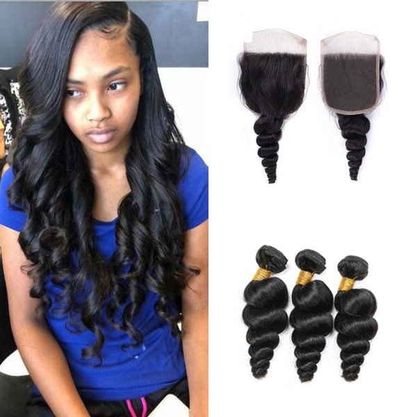 Virgin Human Hair Bundles With Top Lace Closure Loose Wave 100 Unprocessed Virgin Human Hair Bundles With Lace Closure