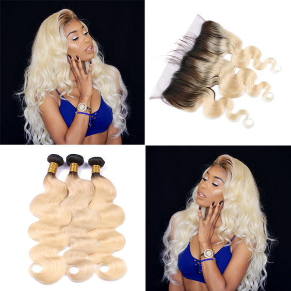 Brazilian Virgin Human Hair Bundles With Closure 1B 613 Blonde Brazilian Body Wave Grade Remy Human Hair Bundles With 13x4 Closure