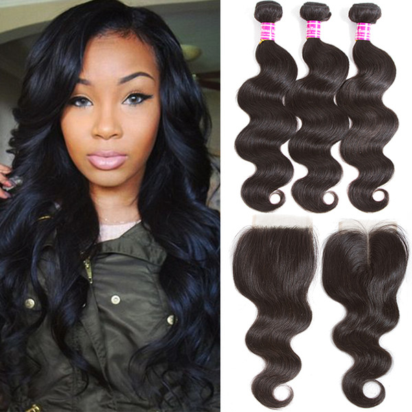 Grade 10a Brazilian Virgin Body Wave Human Hair Bundles With Closure Unprocessed Indian Peruvian Wet and Wavy Human Hair Extensions Bundles