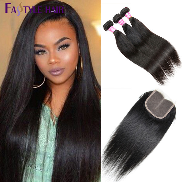 Indian Straight 3 Extension Bundles With Swiss Lace Closure UNPROCESSED Brazilian Peruvian Malaysian Virgin Human Hair Wefts Top Quality