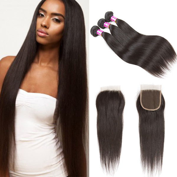 Raw Indian Virgin Human Hair Straight Bundles With Lace Closure Unprocessed Brazilian Peruvian Malaysian Human Hair Extensions With 3 Bundle