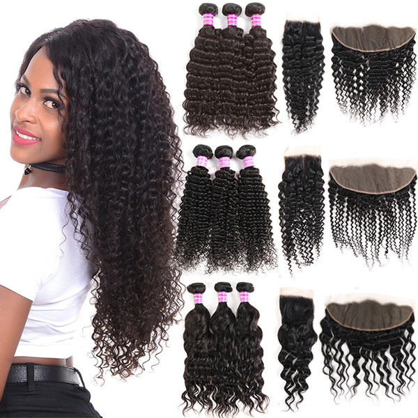 Brazilian Virgin Kinky Curly Human Hair Bundles With Closure Unprocessed Water Deep Wave Bundles With Lace Frontal Ramy Hair Extensions