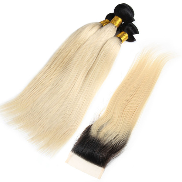 Brazilian Virgin Ombre 1B 613 Blonde Bundles With Frontal Ear To Ear Straight Human Hair Bundles With Closure Remy Human Hair Extensions