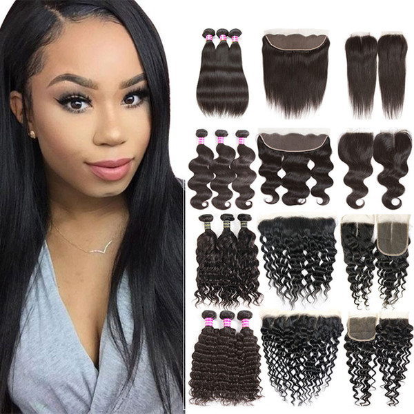 Cheap Brazilian Virgin Hair 3 Bundles with Closure Peruvian Kinky Curly Human Hair Weaves Bundles with Frontal Raw Indian Hair Extensions