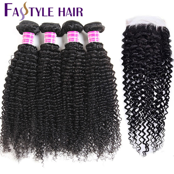 Fastyle 8A Brazilian Kinky Curly Human Hair Weaves 4 Bundles with 4*4 Free Middle Part Closure Peruvian Indian Remy Virgin Hair Extensions