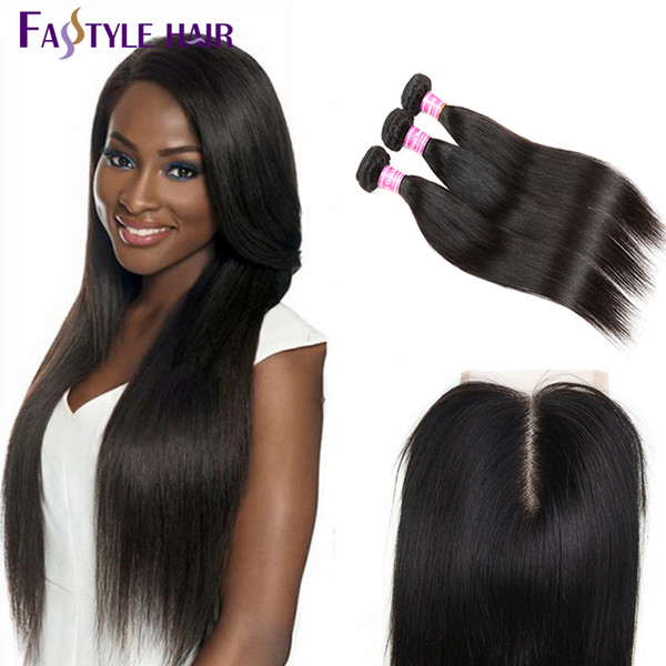 Brazilian Straight 3 Extension Bundles With Swiss Lace Closure UNPROCESSED Peruvian Malaysian Indian Virgin Human Hair Wefts Dyeable