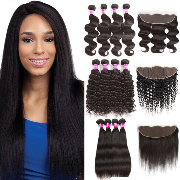 Cheap Brazilian Virgin Straight Human Hair Bundles With Frontal Body Deep Water Wave Bundles With Lace Frontal Kinky Curly Human Hair Weaves