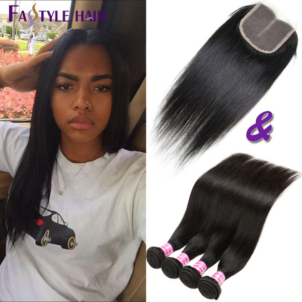 Indian Straight Extension 4 Bundles With Swiss Lace Closure UNPROCESSED Brazilian Peruvian Malaysian Virgin Human Hair Weave Wefts