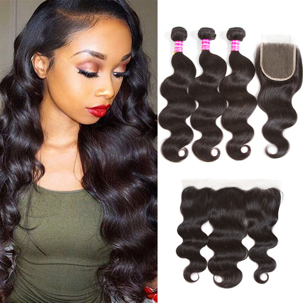 Raw Indian Virgin Body Wave Human Hair Bundles With Lace Closure Frontal Unprocessed Brazilian Peruvian Wet and Wavy Human Hair Extensions