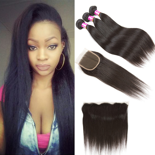 10a Brazilian Virgin Hair With Closure Extensions 3 Bundles Peruvian Indian Straight Human Hair Bundles With Lace Frontal Ear To Ear Natural