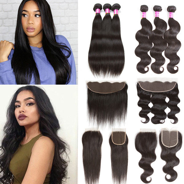 Cheap Brazilian Straight Hair Bundles With Lace Closure 10a Indian Malaysian Virgin Body Wave Human Hair Bundles With Frontal Ear To Ear