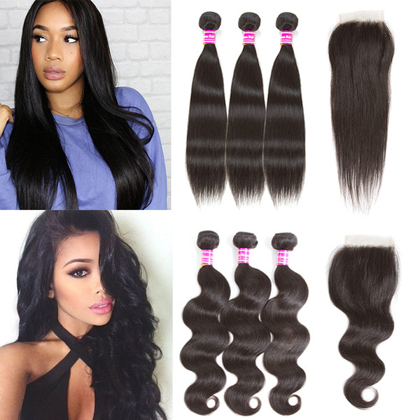 8A Brazilian Virgin Human Straight & Body Wave Bundles With Lace Closure Unprocessed Virgin Indian Peruvian Human Hair Extensions Wholesale