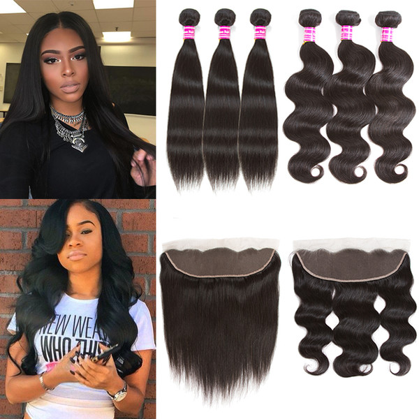 Peruvian Malaysian Brazilian Virgin Human Hair Extensions Straight Body Wave Bundles With Frontal Remy Hair Weaves Unprocessed Hair Wefts