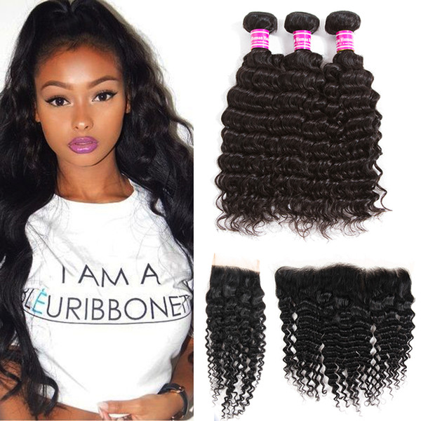 Raw Virgin Indian Human Hair Bundles Straight Body Deep Water Wave Human Hair 3 Bundles With Lace Closure Frontal Remy Human hair Extension