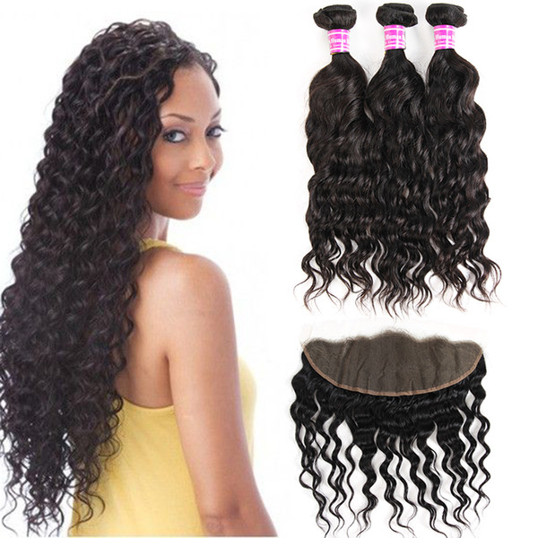 Brazilian Water Wave Virgin Human Hair 3 Buddles With Lace Closure Frontal Unprocessed Raw Virgin Indian Hair Extensions Wefts Wholeasale