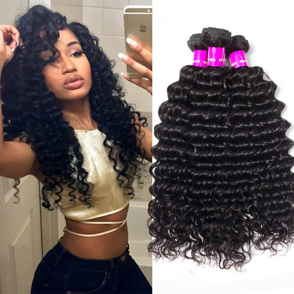 Brazilian Virgin Hair Extensions 3 Deep Wave Bundles Peruvian Human Hair Weaves Bundles with Frontal Soft Hair