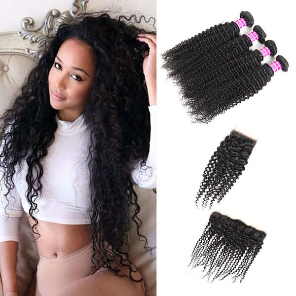 Fastyle 8A Brazilian Kinky Curly Hair 4Bundles With 1 Closure Afro Kinky Curly Human Hair Extensions Brazilian Jerry Kinky Curls Hair Weave