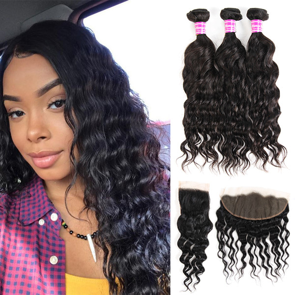 Brazilian Virgin Hair Water Wave Bundles With Closure Unprocessed Peruvian Indian Hair Extensions Bundles With Lace Frontal Ear To Ear Hot