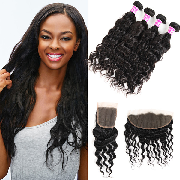 Cheap Brazilian Virgin Water Wave Human Hair Bundles With Closure Frontal Unprocessed Peruvian Indian Malaysian Wet and Navy Hair Extenisons