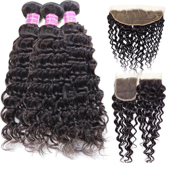 Cheep 8A Brazilian Virgin Hair Deep Wave Lace Frontal with Bundles Peruvian Human Hair Bundles with Closure Soft Indian Remy Hair Extensions