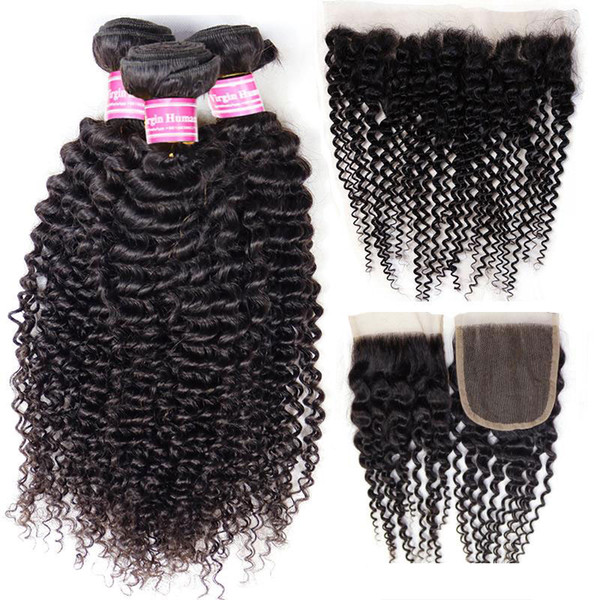 Wholesale Kinky Curly Human Hair Extensions 8A Brazilian Virgin Hair 3 Bundles with Lace Frontal Closure Peruvian Raw Indian Remy Hair Weave