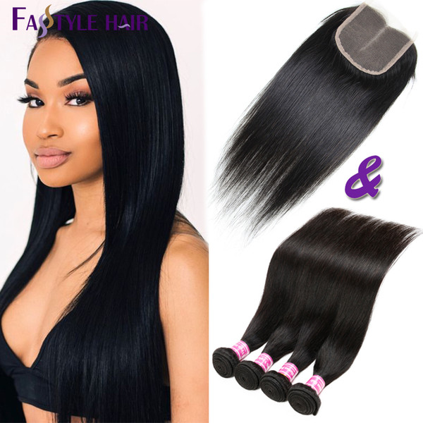 Hot ! Peruvian Straight Extension 4 Bundles With Lace Closure UNPROCESSED Brazilian Malaysian Indian Cambodian Virgin Human Hair Weave Weft