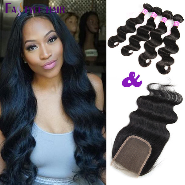 Fastyle Indian Body Wave Extension 4 Bundles With Swiss Lace Closure UNPROCESSED Brazilian Peruvian Malaysian Virgin Human Hair Weave Wefts