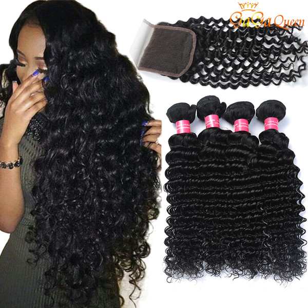 Brazilian Deep Wave With Closure Hair Bundles With 4x4 Closure 3 Bundles Brazilian Virgin Hair With Closure Unprocessed Human Hair Weaves