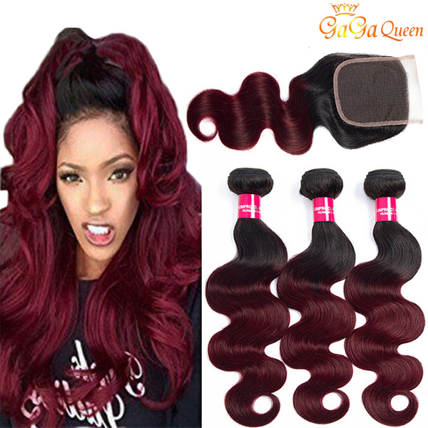 Gagaqueen hair Ombre Brazilian Body Wave With Closure 1b/99j Two Tone Ombre Brazilian Human Hair Bundles With Lace Closure