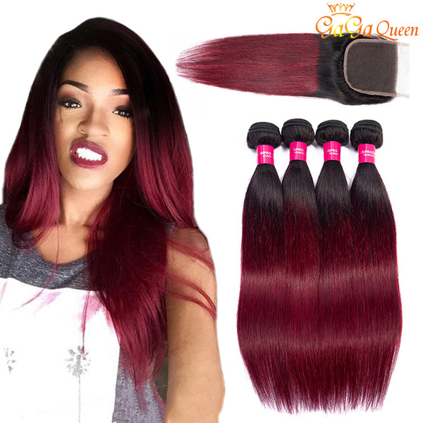 Ombre 1b/99j Brazilian Straight Hair Bundles With Lace Closure 1b Burgundy Lace Closure With Human Hair Bundles New Arrival