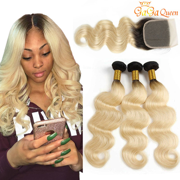 3 Bundles 1B 613 Body Wave With 4x4 Lace Closure Brazilian Virgin Body Wave Human Hair Dark Roots Honey