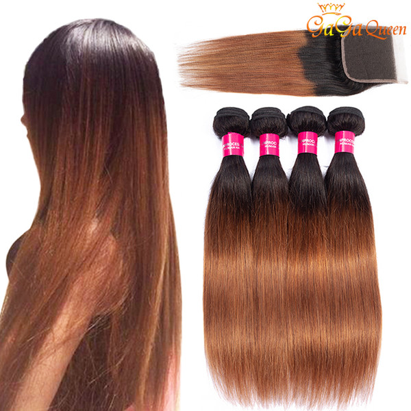 Brazilian Straight Ombre Hair Bundles With 4x4 Closure 1b/30 Lace Closure With Straight Human Hair Weaves Gaga queen hair