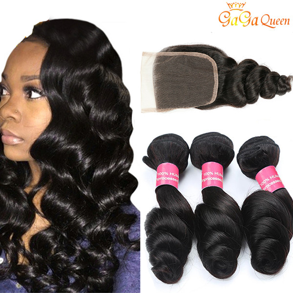 Brazilian Loose Wave With Closure 3 Bundles Brazilian Virgin Hair With Closure Unprocessed Human Hair Weaves Hair Bundles With 4x4 Closure