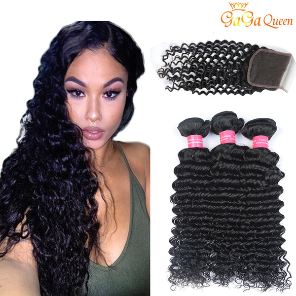 4x4 Deep Wave Closure With Hair Bundles Brazilian Deep Wave With Closure 100% Human Hair Weaves Deep Wave Closure