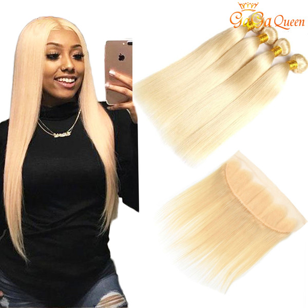 613 Blonde Hair Bundles With Frontal Straight Human Hair Bundles Blonde Virgin Hair Weave with 4X13 Ear To Ear Closure 613 Blonde