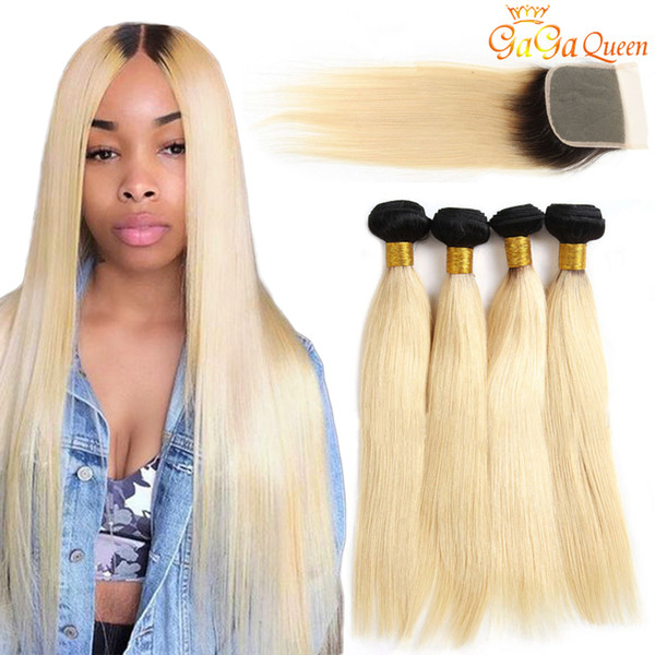 1b 613 Straight Hair Bundles with 4x4 Lace Closure Blonde virgin Human Hair Extensions Dark Roots