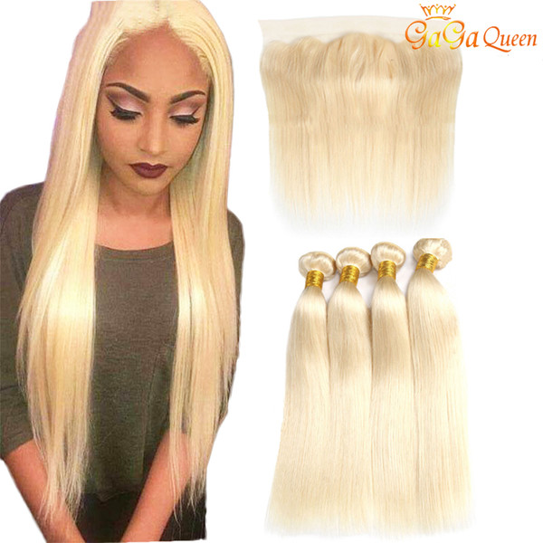 Brazilian Straight Blonde Hair Bundles With Lace Frontal 3 Bundles 613 Hair Extensions With Lace Frontal