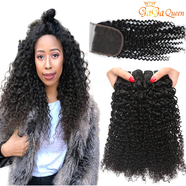 4x4 Lace Closure With Hair Bundles Unprocessed Brazilian Kinky Curly Human Hair Bundles With Lace Closure Natural Color