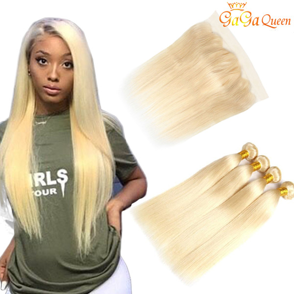 Peruvian Straight Hair Bundles With Frontal 613 Blonde Color Peruvian Human Hair Bundles With 4X13 Frontal closure