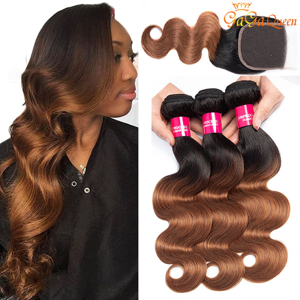 Ombre Brazilian Body Wave Human Hair Bundles With 4X4 Lace Closure 1B/30 Blonde Brazilian Human Hair Weave 3 Bundles With Closure